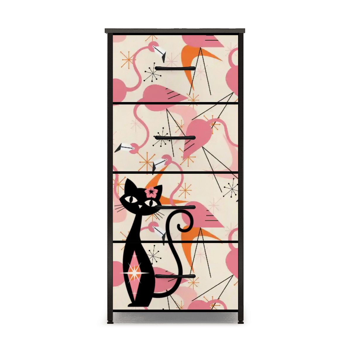 Mid Century Modern Flamingos, Atomic Cat Kitschy Mod 4-Drawer Dresser - Mid Century Modern Gal