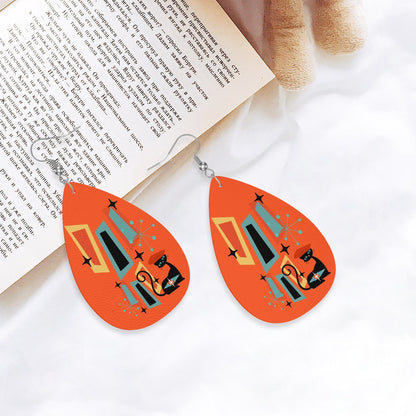 Atomic Cat Earrings, Mid Mod Orange Retro Geometric Designed Faux Leather Teardrop Earrings - Mid Century Modern Gal