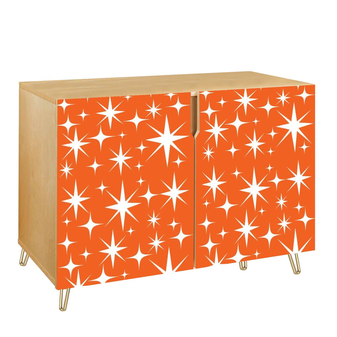 Sinatra Orange, Mid Century Modern Starburst Retro Mod Wooden Storage Cabinet - Mid Century Modern Gal