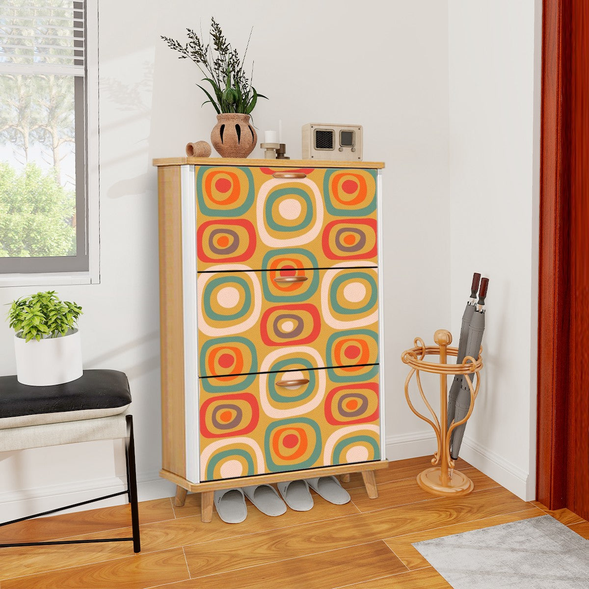 Mid Century Modern Shoe Cabinet, Geometric Design, Orange Green, Retro Designed - Mid Century Modern Gal