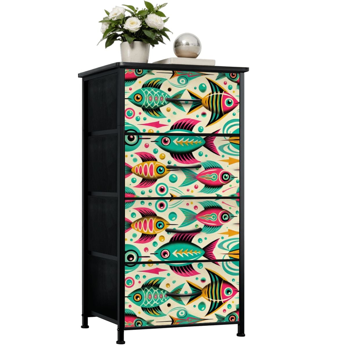 Atomic Fish Art Decor, Whimsical Kitschy Fish Mid Century Modern 4-Drawer Dresser - Mid Century Modern Gal