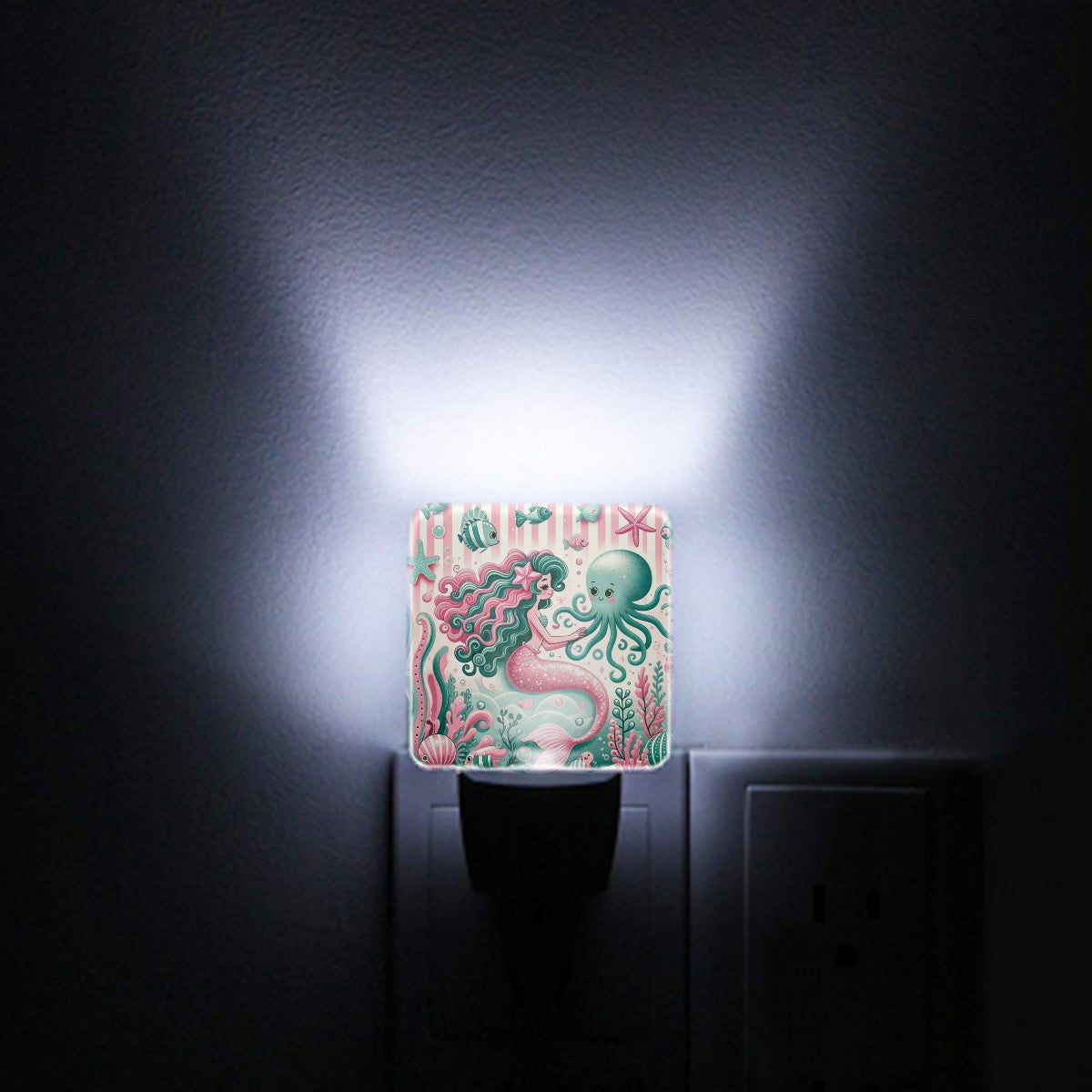 Mid Century Modern Mermaid, Fish Pink Green Night Light - Mid Century Modern Gal