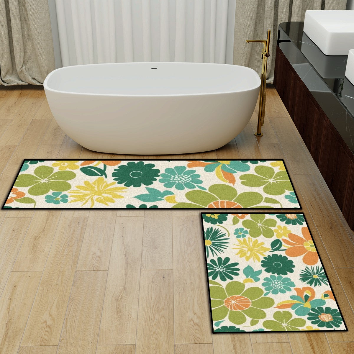 Mid Mod Flower Power 70s Groovy Kitchen Area Rug Set for Floor Non-Slip Washable - Mid Century Modern Gal