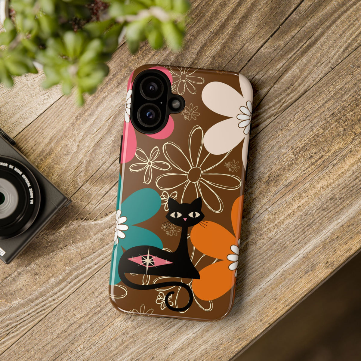 Atomic Cat Retro 70s Vibe Flower Power Tough Cases: Cute Floral and Cat Phone Case for Cat Lovers