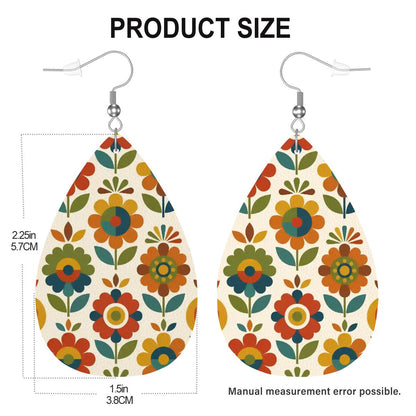 Mid Century Modern Scandinavian Floral Earth Tones  Vegan Leather Teardrop Earrings - Mid Century Modern Gal