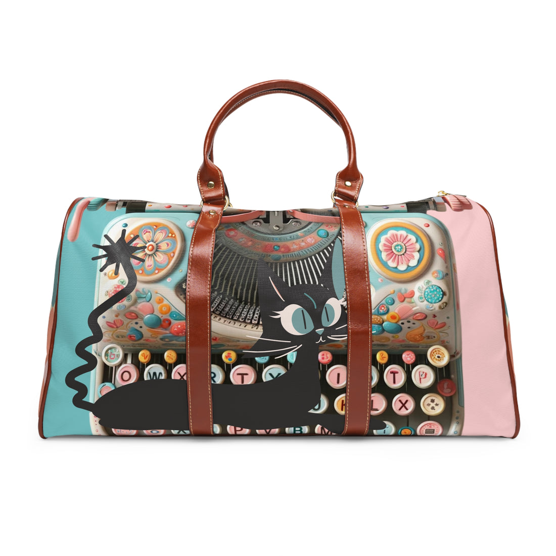 Atomic Cat Travel Bag, Retro Typewriter, Pink, Aqua, Kitschy 50s Style MCM Waterproof Travel Bag