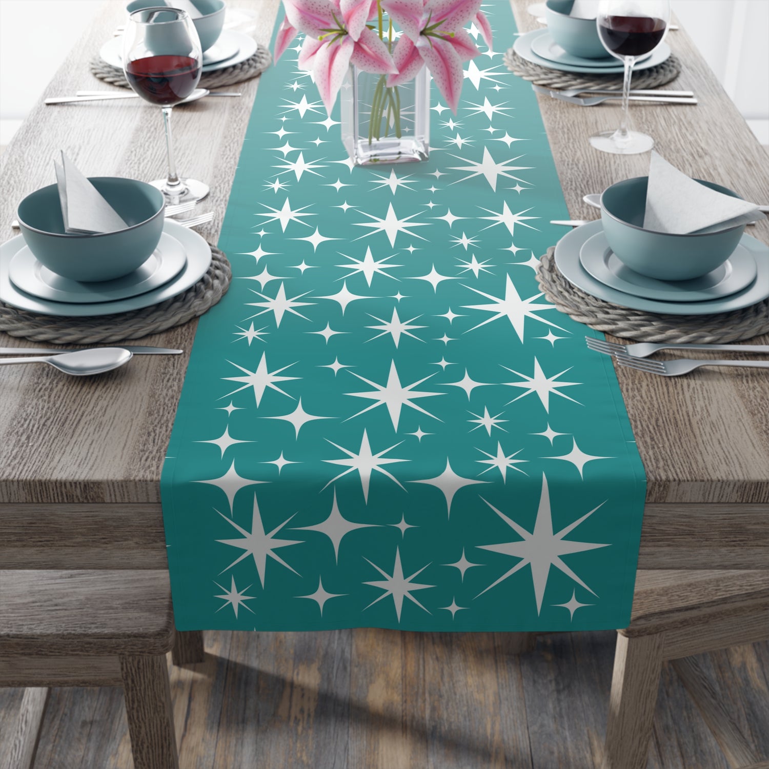 Mid Century Modern Atomic Starburst Aqua Blue Table Retro Table Runner - Mid Century Modern Gal