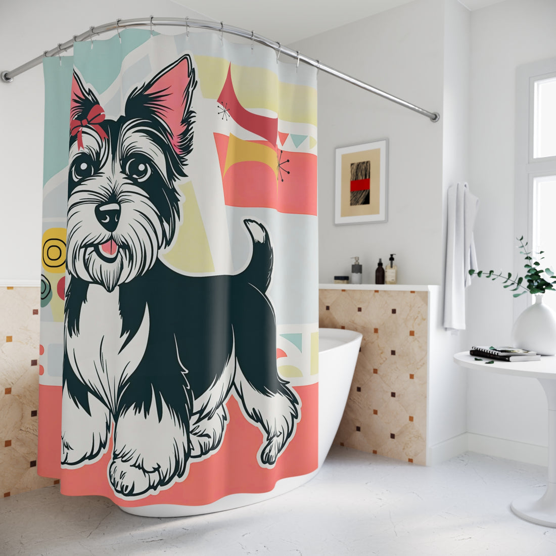 Scotty Dog Terrier Playful Dog  Mid Century Modern Retro Shower Curtain - Mid Century Modern Gal