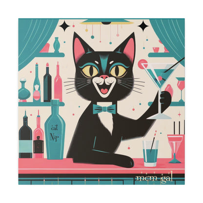 Mid Century Modern Atomic Cat Kitschy Bar Art, Aqua Blue, Pink 50s MCM Matte Canvas