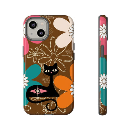Atomic Cat Retro 70s Vibe Flower Power Tough Cases: Cute Floral and Cat Phone Case for Cat Lovers - Mid Century Modern Gal