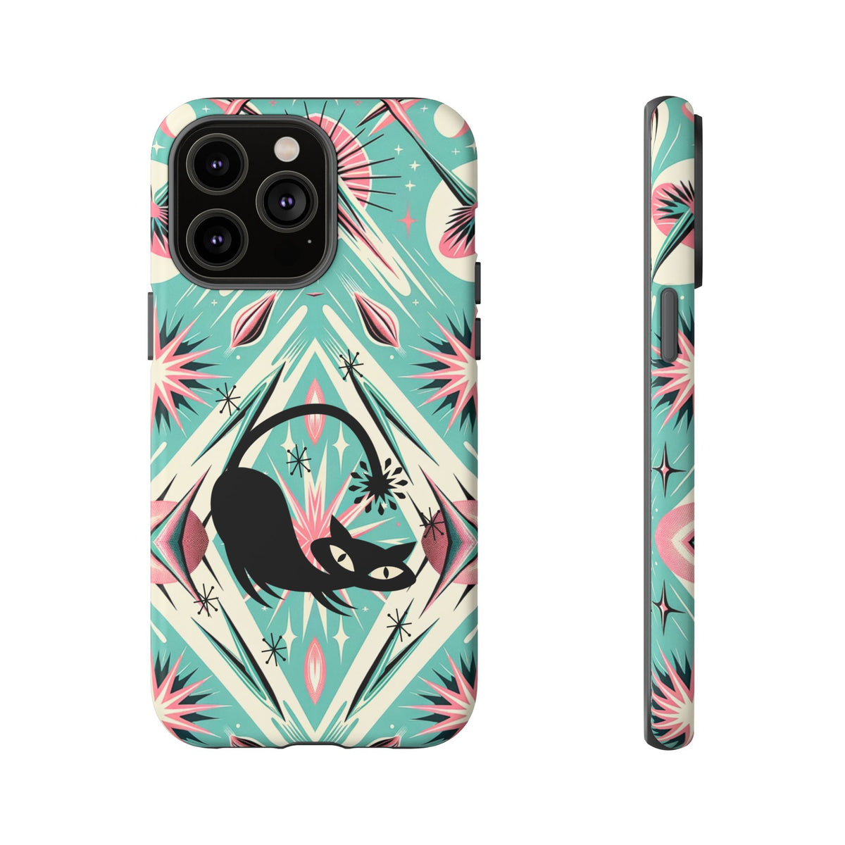 Atomic Cat, Mid Century Modern Aqua Blue, Pink, Starbursts Tough Phone Case