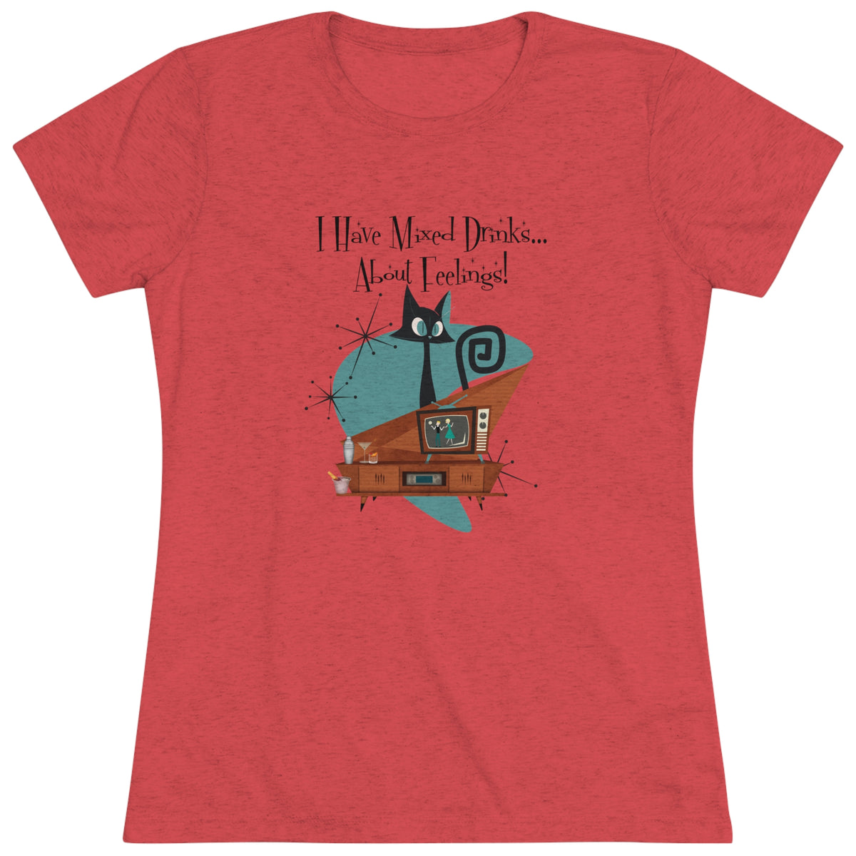 Atomic Kitschy Cat, Funny Cocktail Tee, Mid Century Modern Style Women's Triblend Tee - Mid Century Modern Gal