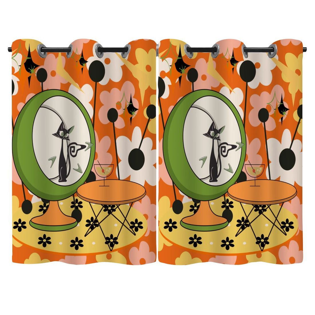 Retro Flower Power Pop Of Orange, Fun Funky Atomic Cat In Egg Chair Blackout Curtains 2 pcs - Mid Century Modern Gal