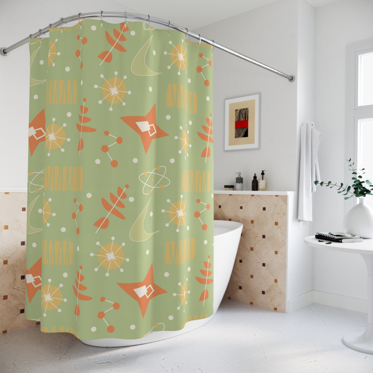 Mid Century Modern Atomic Space, Orange Green Yellow Retro Starburst Shower Curtain - Mid Century Modern Gal