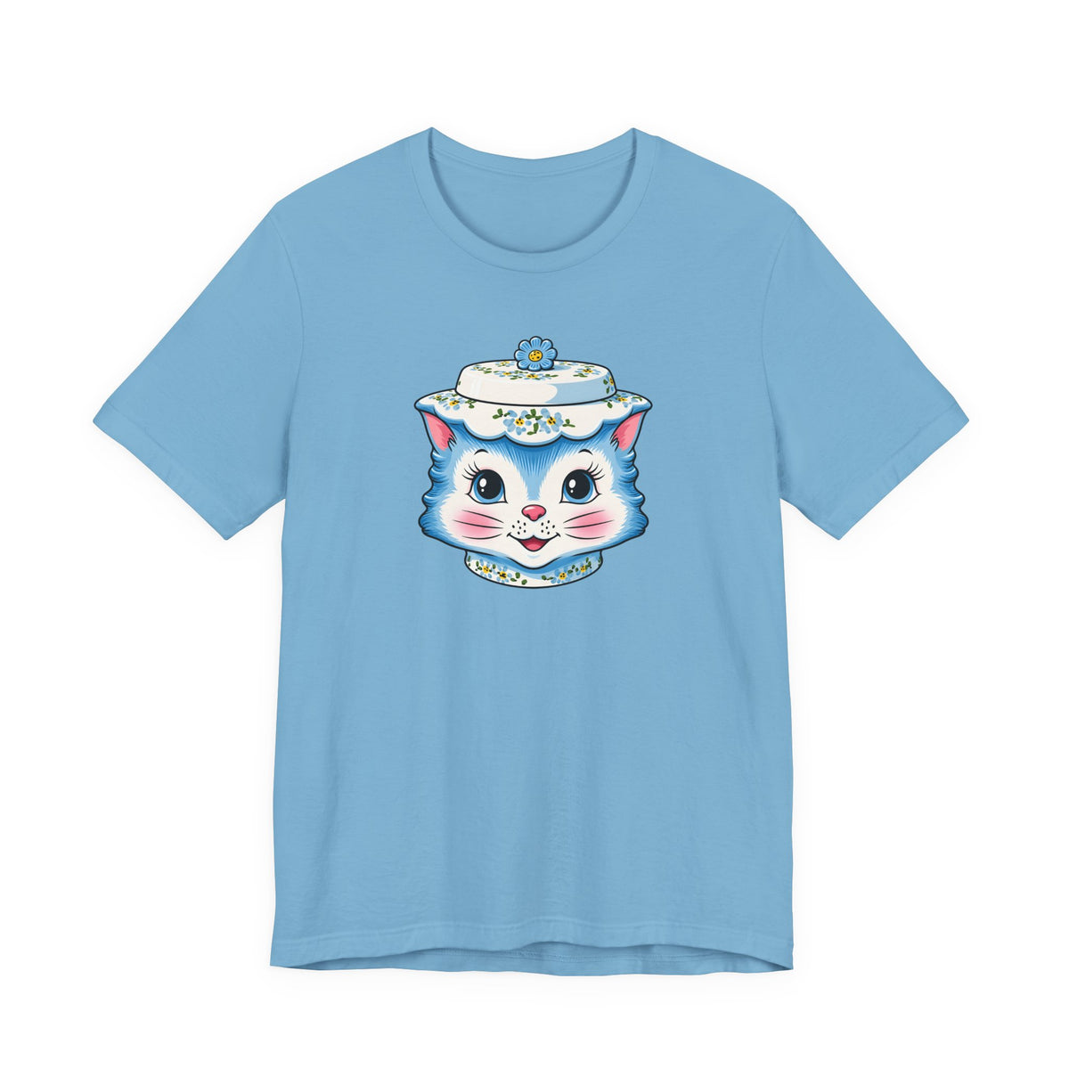 Mid Century Modern Kitschy Anthropomorphic Blue Cat with Floral Hat Unisex T-Shirt