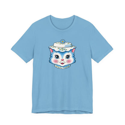 Mid Century Modern Kitschy Anthropomorphic Blue Cat with Floral Hat Unisex T-Shirt