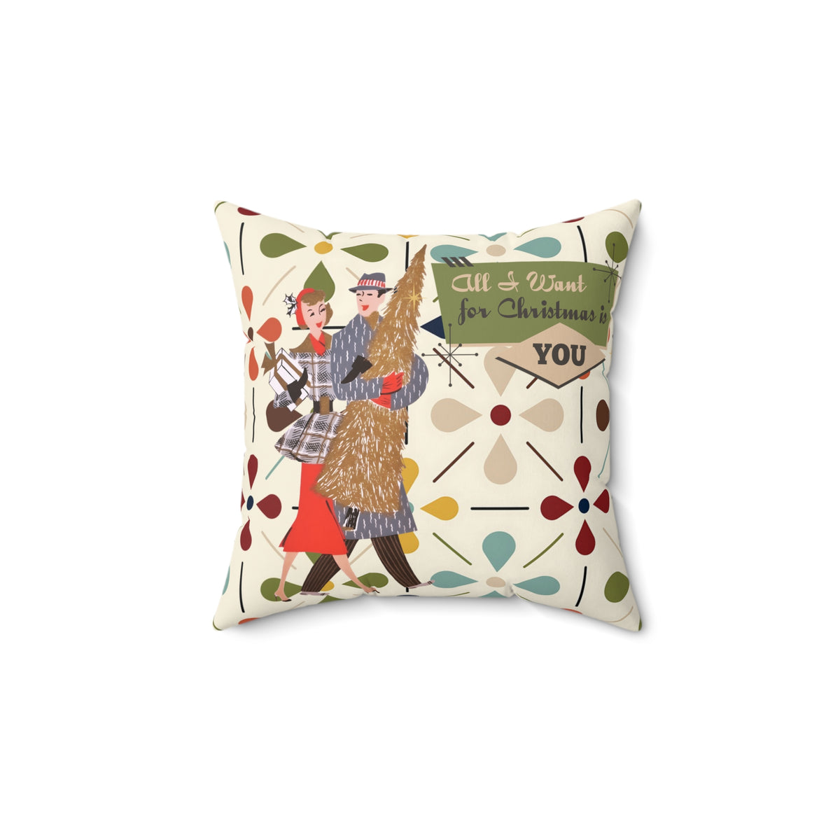 All I Want for Christmas Is You Vintage 50s Kitsch Couple Holiday Decorative Pillow - Mid Century Modern Gal