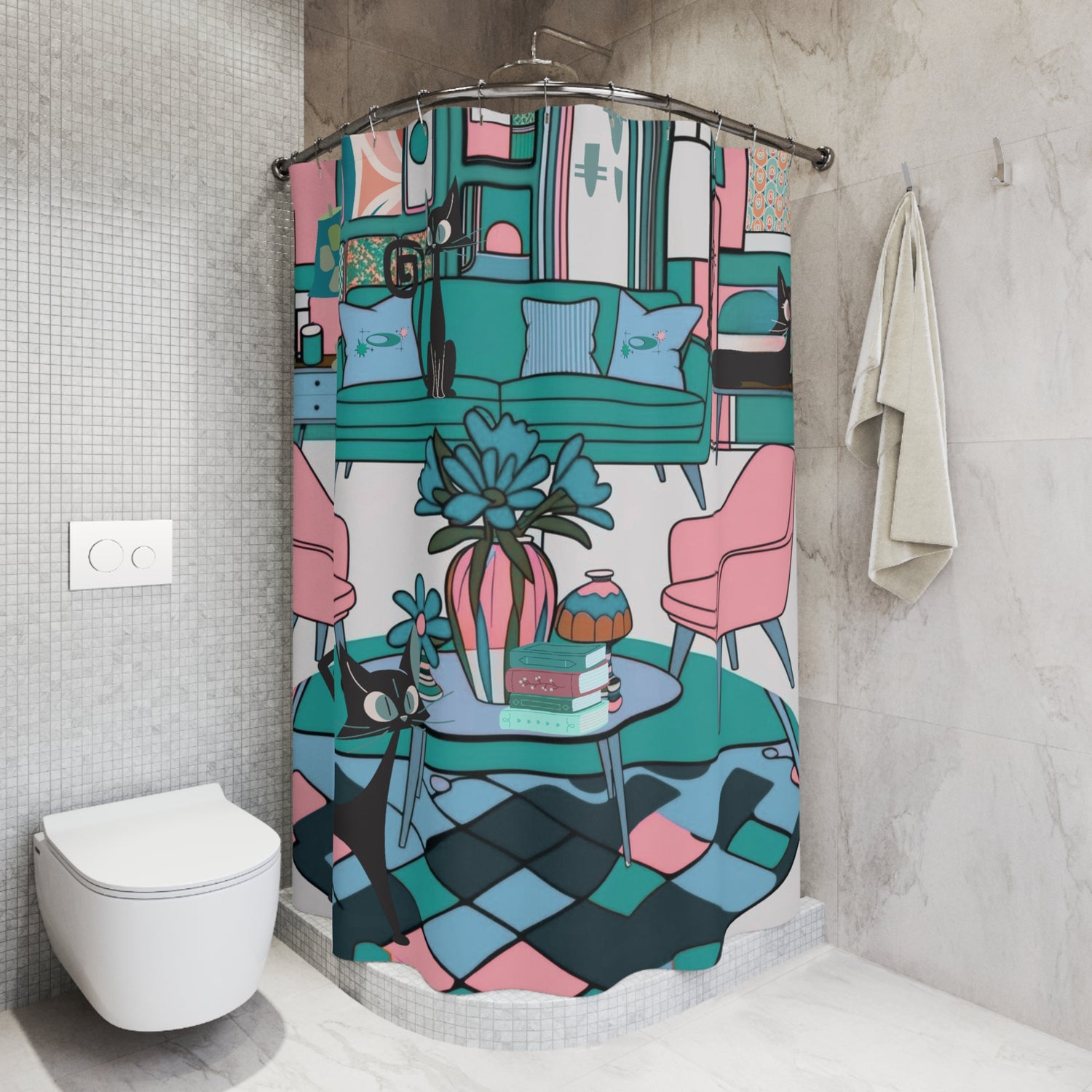 Atomic Cat Mid Century Modern Quirky Whimiscal Cat-Themed Shower Curtain for Trendy Home Décor - Mid Century Modern Gal