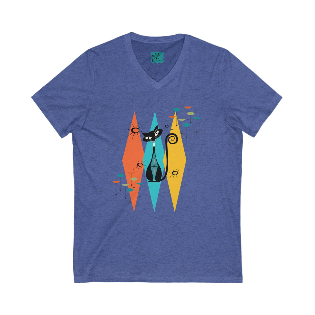 Atomic Cat, Mid Century Modern Whimsical V-Neck Tee For Women - Mid Century Modern Gal