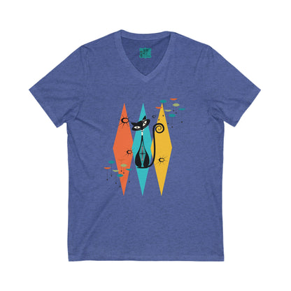 Atomic Cat, Mid Century Modern Whimsical V-Neck Tee For Women - Mid Century Modern Gal