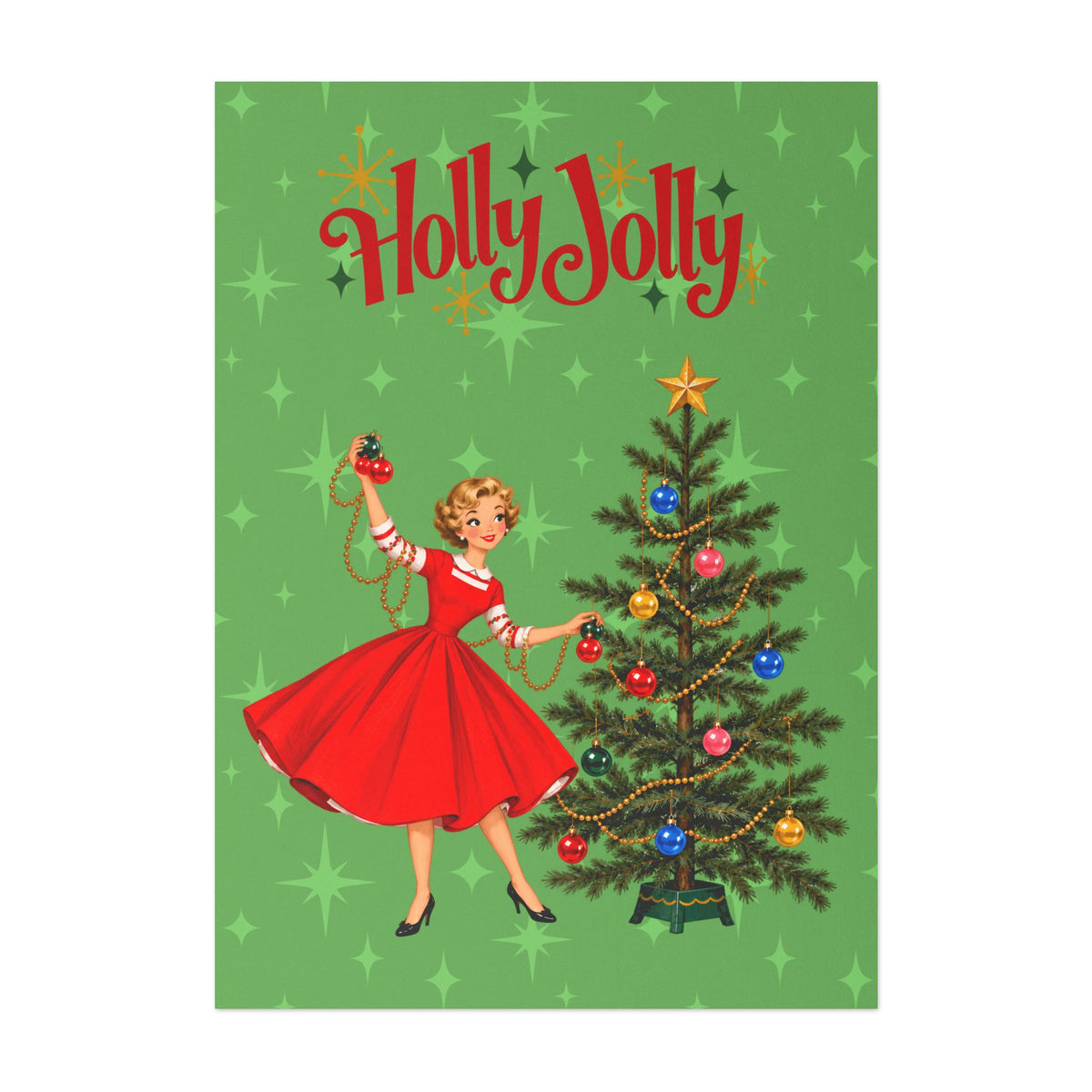 Mid Century Modern Gal Decorating Christmas Tree, Green Atomic Starbursts Flat Postcard Style Christmas Greeting Cards