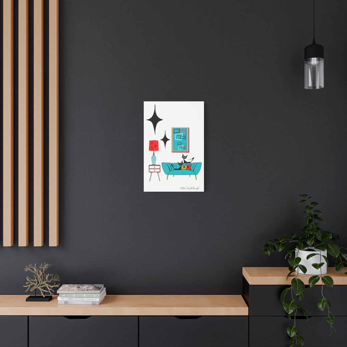 Mid Century Modern Wall Art, Atomic Cat Living Room Retro. Teal Blue, Red, Black Canvas Art - Mid Century Modern Gal