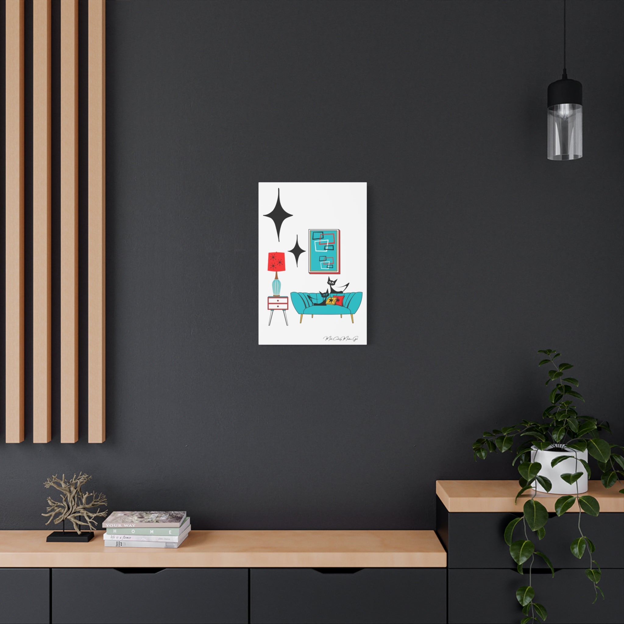 Mid Century Modern Wall Art, Atomic Cat Living Room Retro. Teal Blue, Red, Black Canvas Art - Mid Century Modern Gal