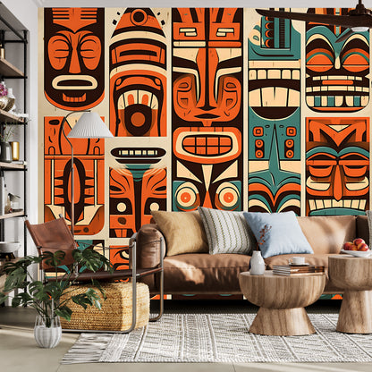 Tiki Idol Mid Century Modern Wallpaper, Peel and Stick Retro Wall Murals