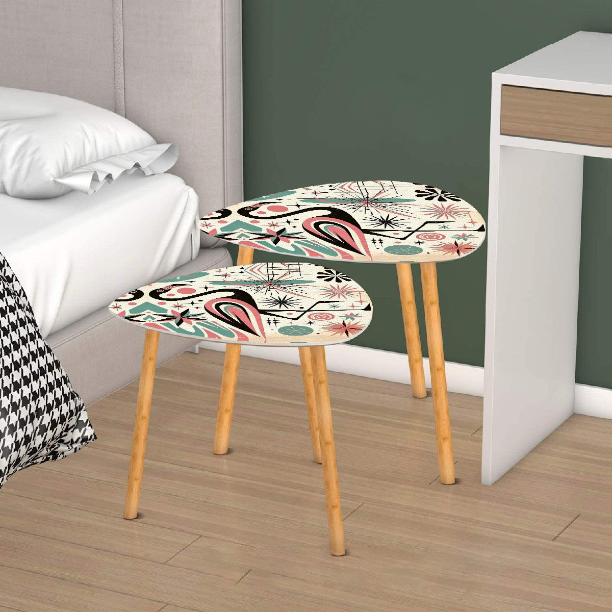 Kitschy 50s Flamingo Mid Century Modern Nesting Tables, Black, Pink, Teal MCM Home Decor - Mid Century Modern Gal