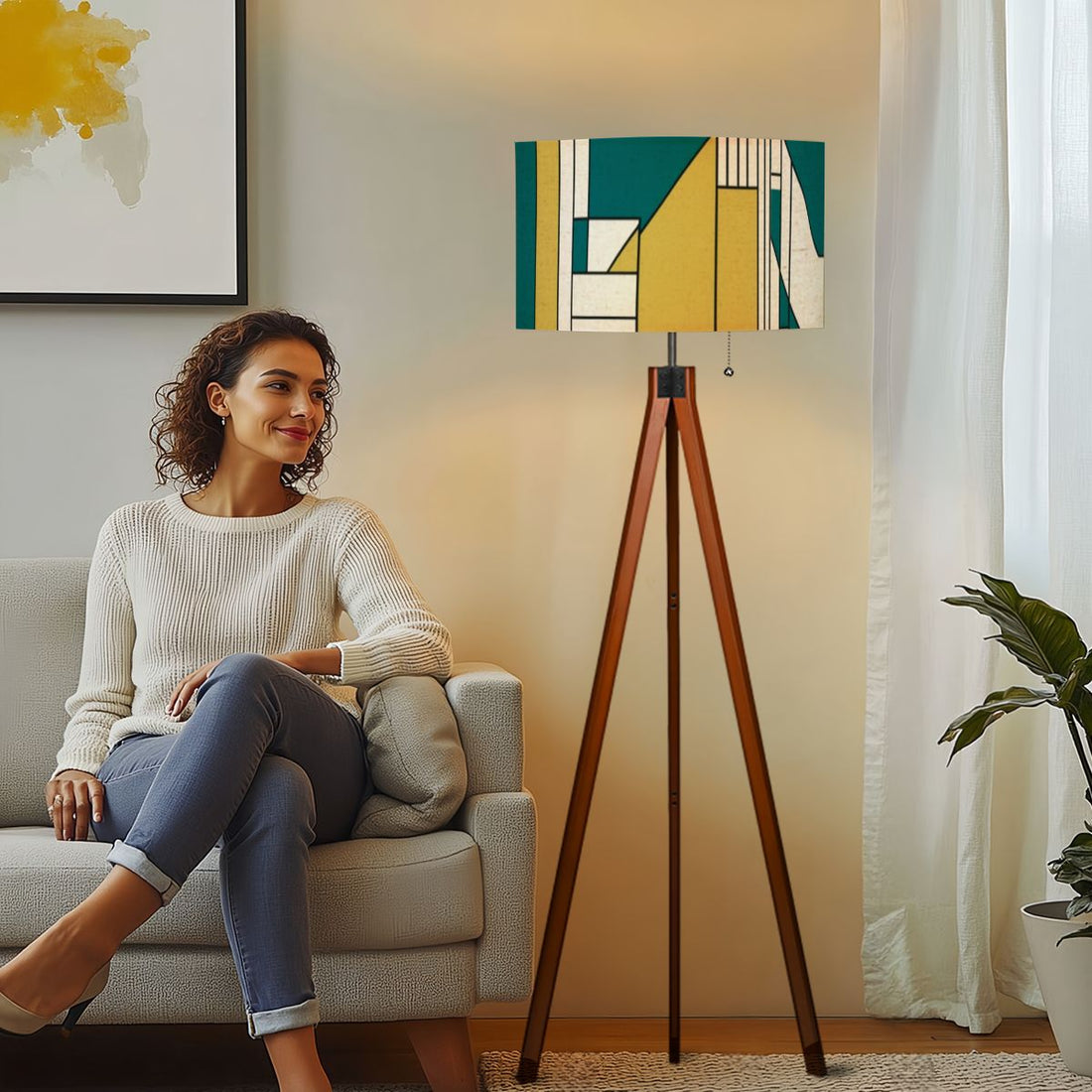 Mid Century Modern Bauhaus Green, Teal Geometric Designed Mod Tripod Floor Lamp - Mid Century Modern Gal