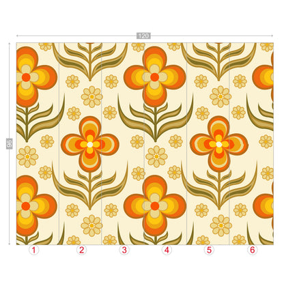 Flower Power, Scandinavian Floral Wallpaper, Peel And Stick Orange, Yellow Green Wall Mural