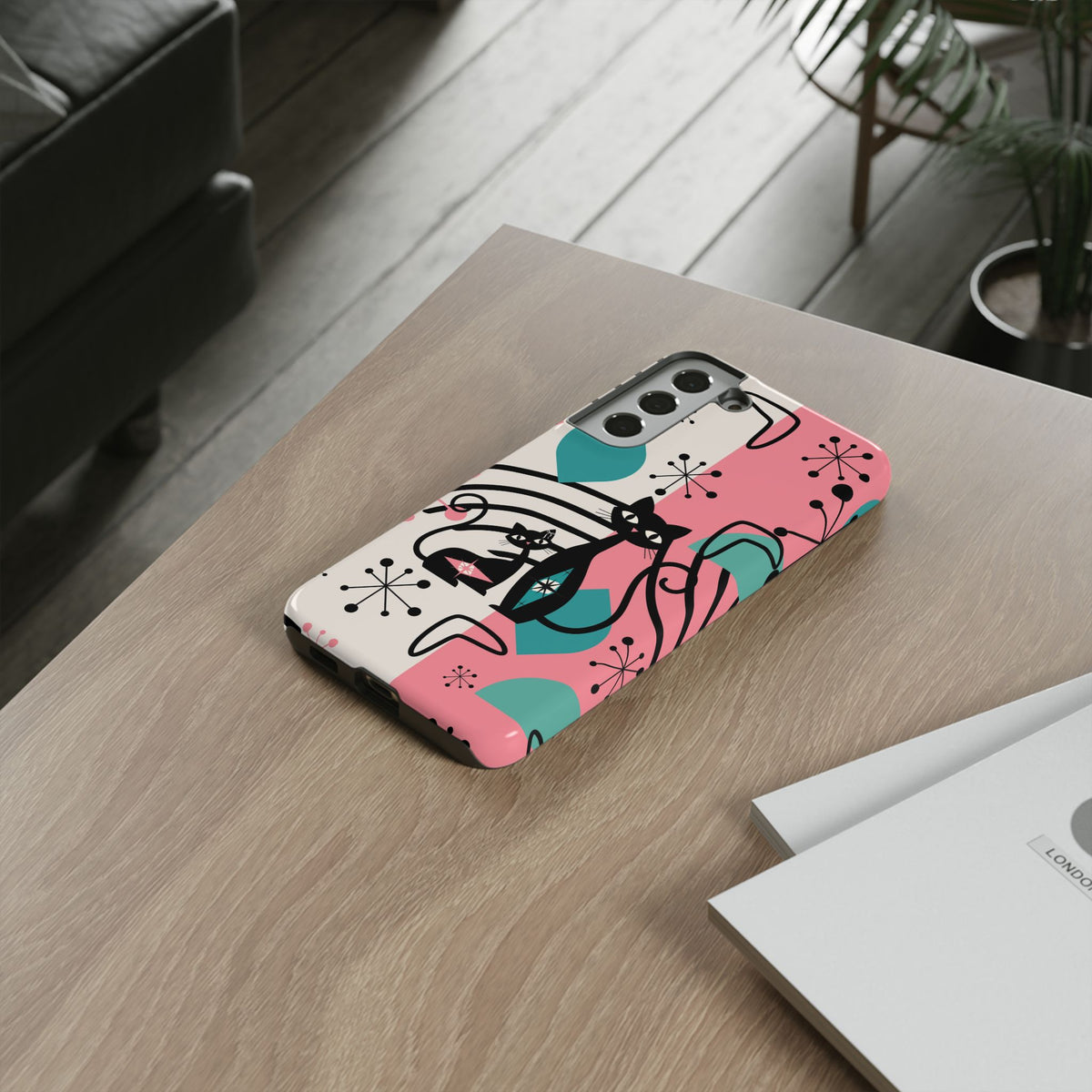Mid Mod Atomic Cat Boomerang Starburst, Pink, Black Kitschy Stylish Cat Phone Case: Modern Design for Cat Lovers