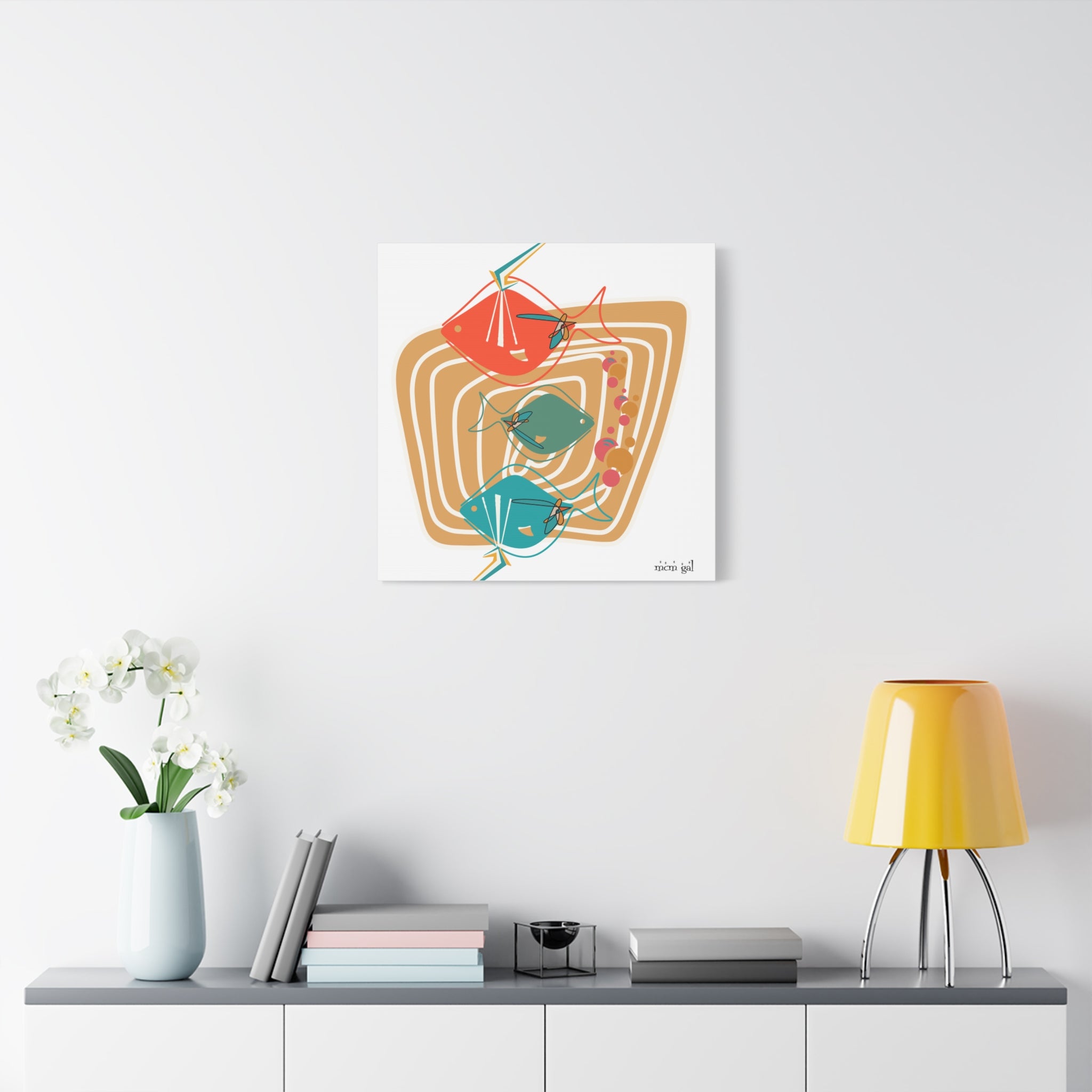 Mid Century Modern Fish Art, Whimsical Fish Canvas Wall Art - Colorful Mod Décor - Mid Century Modern Gal