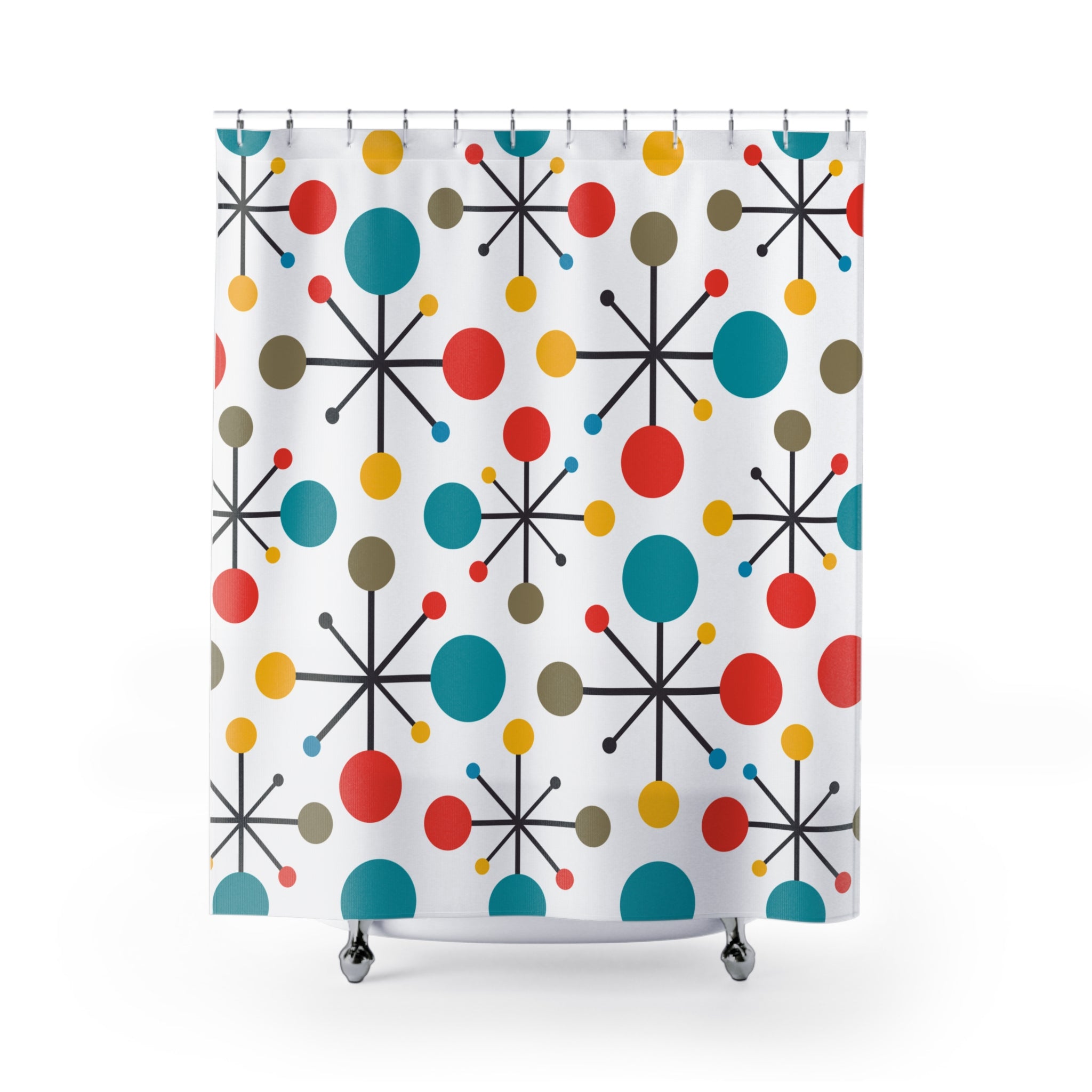 RETRO Atomic Mid Century Modern Teal, Green, Yellow, Starburst Clock MCM Home Decor Shower Curtains - Mid Century Modern Gal
