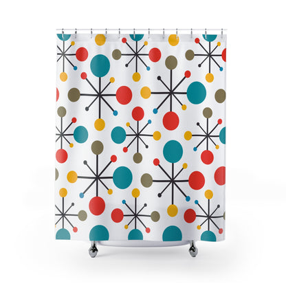 RETRO Atomic Mid Century Modern Teal, Green, Yellow, Starburst Clock MCM Home Decor Shower Curtains - Mid Century Modern Gal