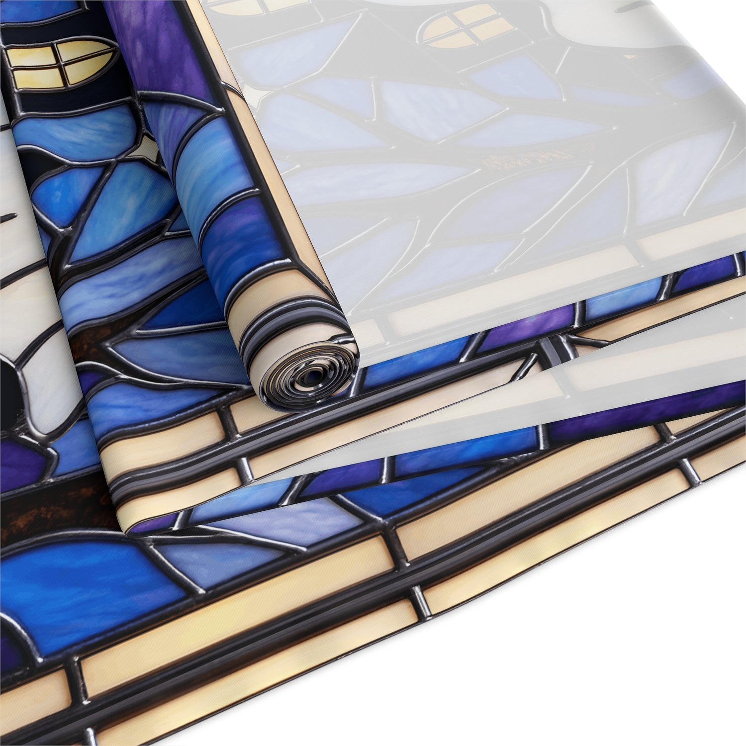 Halloween Stained Glass Style Ghost Haunted House Table Runner