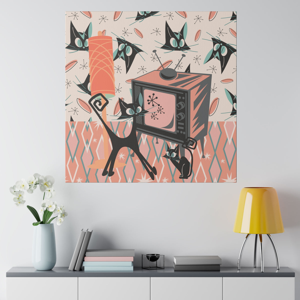 Atomic Cat Art, Quirky, Kitschy Whimsical Kittie Lover, Retro TV, Coral, Peach, Teal Blue, Mid Century Modern Wall Art - Mid Century Modern Gal
