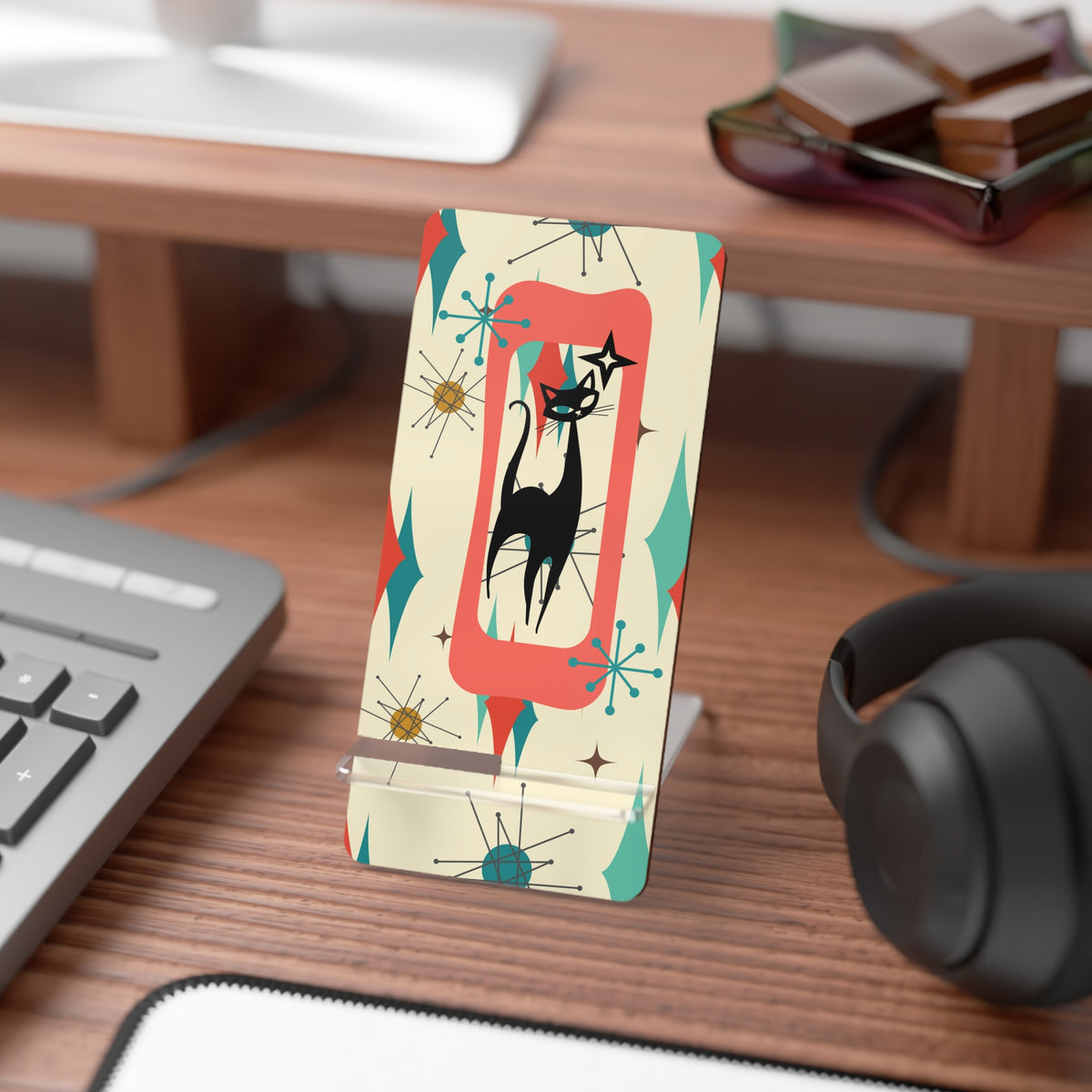 Atomic Cat Franciscan Starburst Retro Cat Mobile Display Stand – Chic Smartphone Holder with Vintage Design - Mid Century Modern Gal