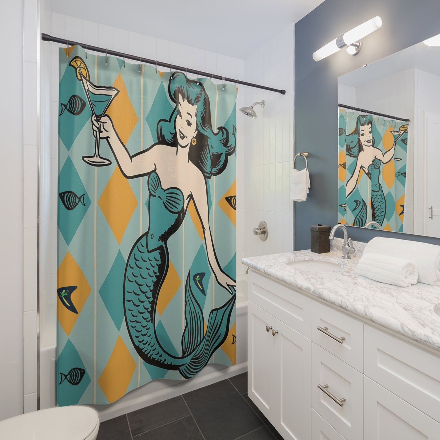 Retro Mermaid Kitschy Mod Shower Curtain - Vintage Art Decor for Nautical Bathrooms - Mid Century Modern Gal