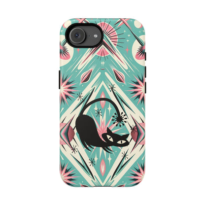 Atomic Cat, Mid Century Modern Aqua Blue, Pink, Starbursts Tough Phone Case