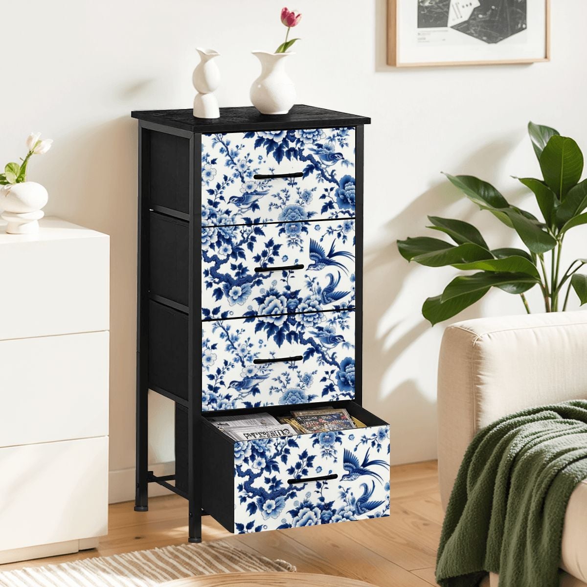 Chinoiserie Blue Floral Mid Century Modern 4-Drawer Dresser - Mid Century Modern Gal