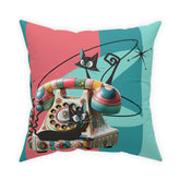 Atomic Cat Quirky Retro Rotary Phone, Kitschy Mid Mod, Pink, Aqua, Teal Broadcloth Pillow - Mid Century Modern Gal