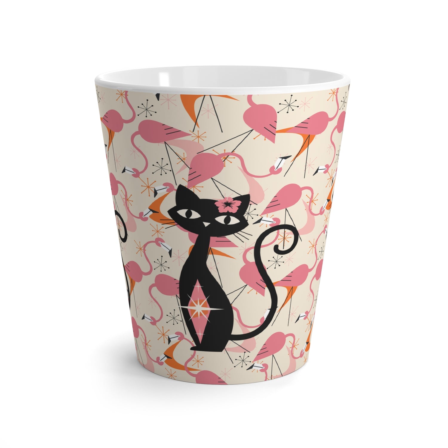 Atomic Cat, Kitschy Mod Dancing Flamingos Fun Ceramic Coffee Cup for Cat Lovers - Mid Century Modern Gal