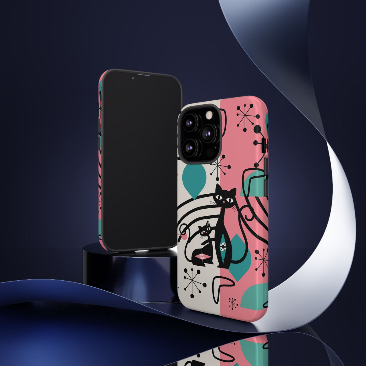 Mid Mod Atomic Cat Boomerang Starburst, Pink, Black Kitschy Stylish Cat Phone Case: Modern Design for Cat Lovers