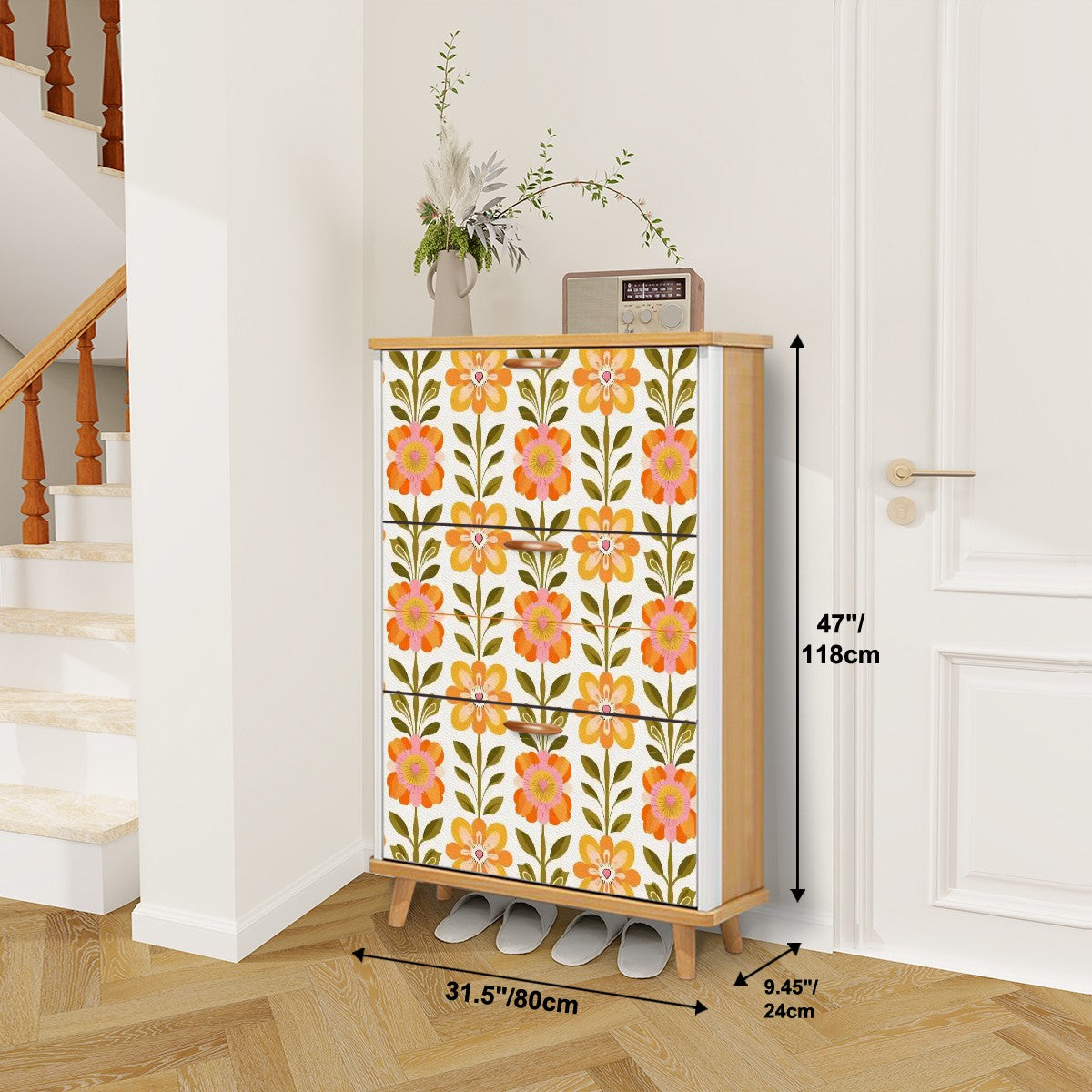 Scandinavian Modern Floral Mid Century Modern Shoe Storage Cabinet - Mid Century Modern Gal
