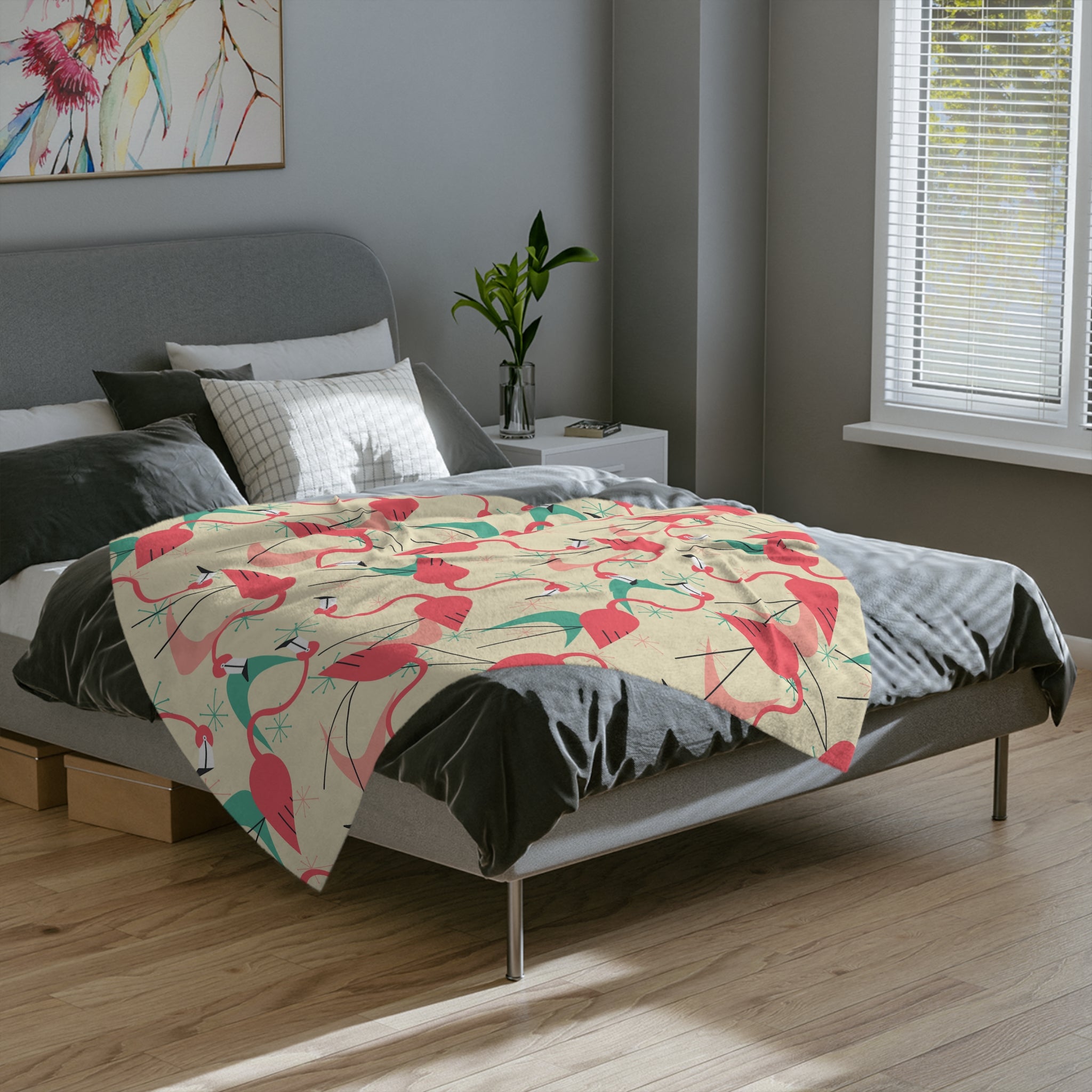 Palm Springs Mid Mod Tropical Flamingo Velveteen Blanket - Cozy Retro Kitsch Lightweight Throw - Mid Century Modern Gal