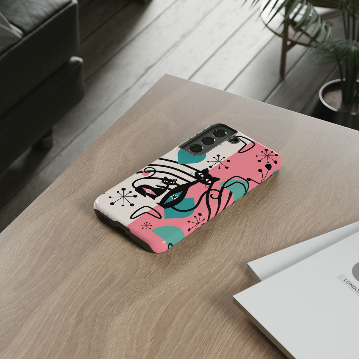 Mid Mod Atomic Cat Boomerang Starburst, Pink, Black Kitschy Stylish Cat Phone Case: Modern Design for Cat Lovers