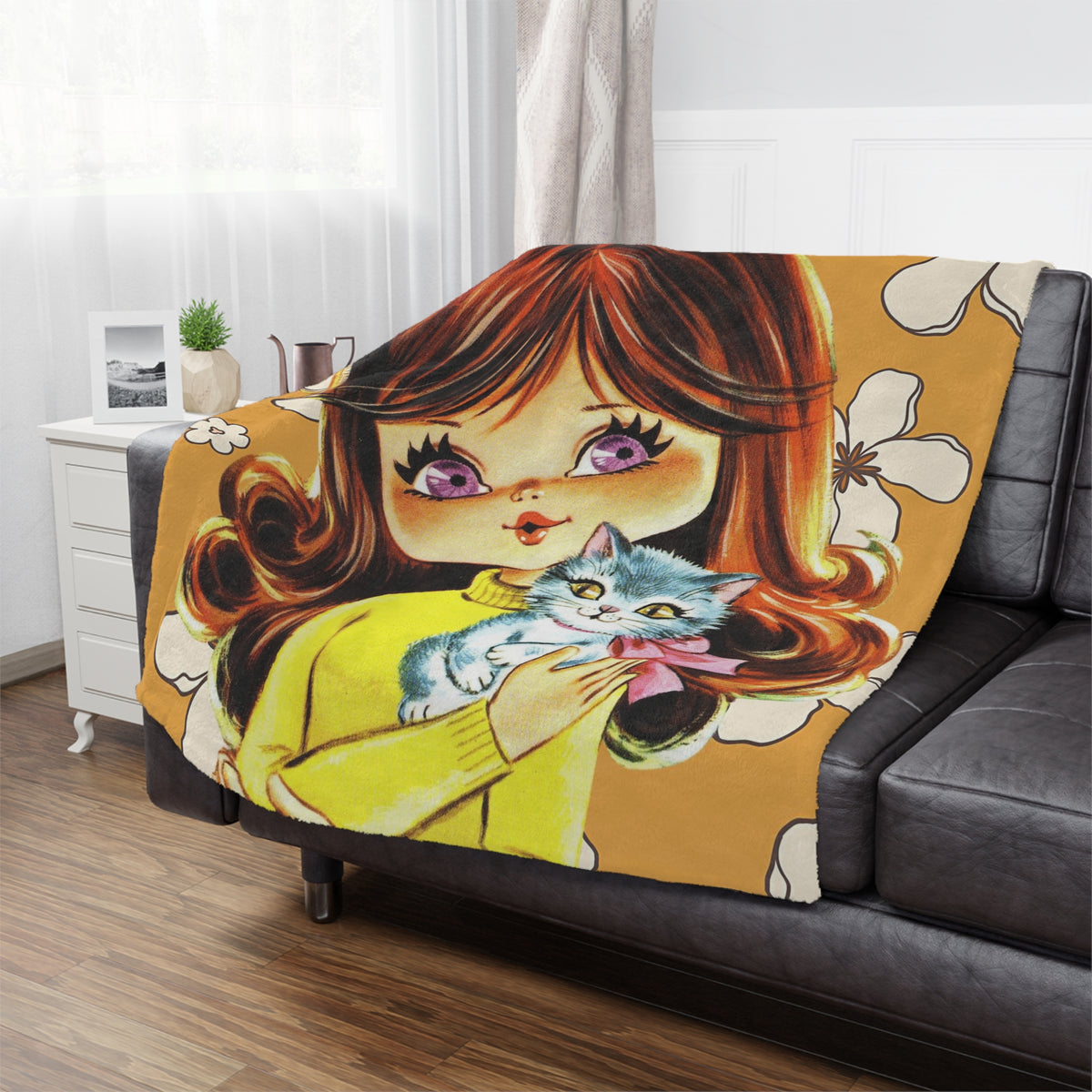 70's Flower Power Pillow, Big Eyed Girl, Violet, Brown Reddish Auburn Hair, Sweet Days Of the 70's, Kitschy Kittie Cat, Retro Minky Blanket - Mid Century Modern Gal