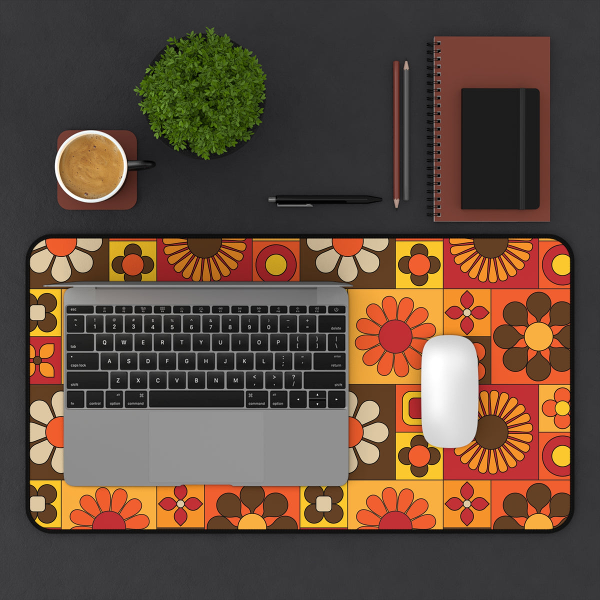 Retro Floral Flower Power Desk Mat - Vibrant and Stylish Mid Mod Desk Decor - Mid Century Modern Gal