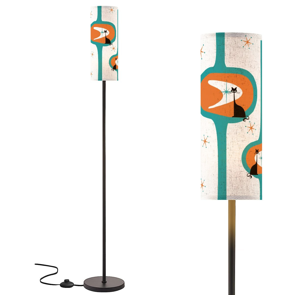 Mid Century Modernist, Minimalist Atomic Cat Orange Teal Shade, Slim Floor Lamp